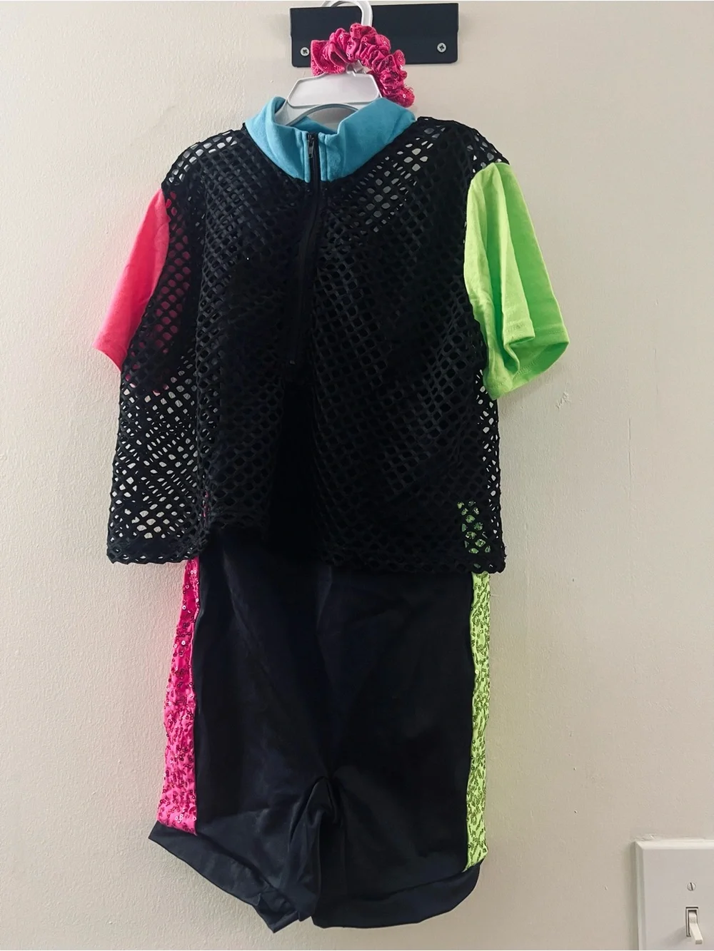 Weissman Black Mesh Costume Top with Neon Pink, Neon Green & Blue Accents